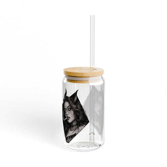 Clear glass tumbler with wooden lid and straw featuring a black and white portrait on a white background