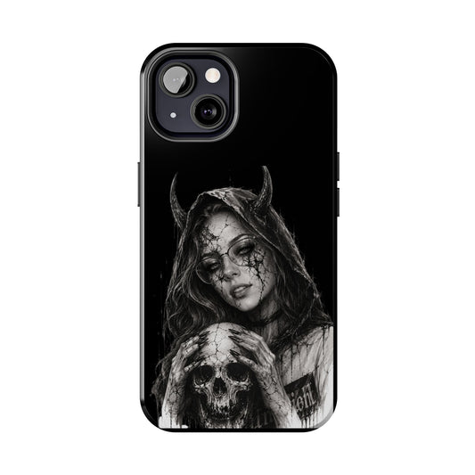 Phone case with a black and white design of a woman with horns and a skull on a black background