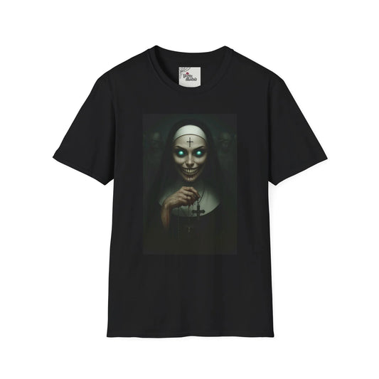 Black t-shirt featuring gothic art of a skeletal nun with glowing eyes and a cross