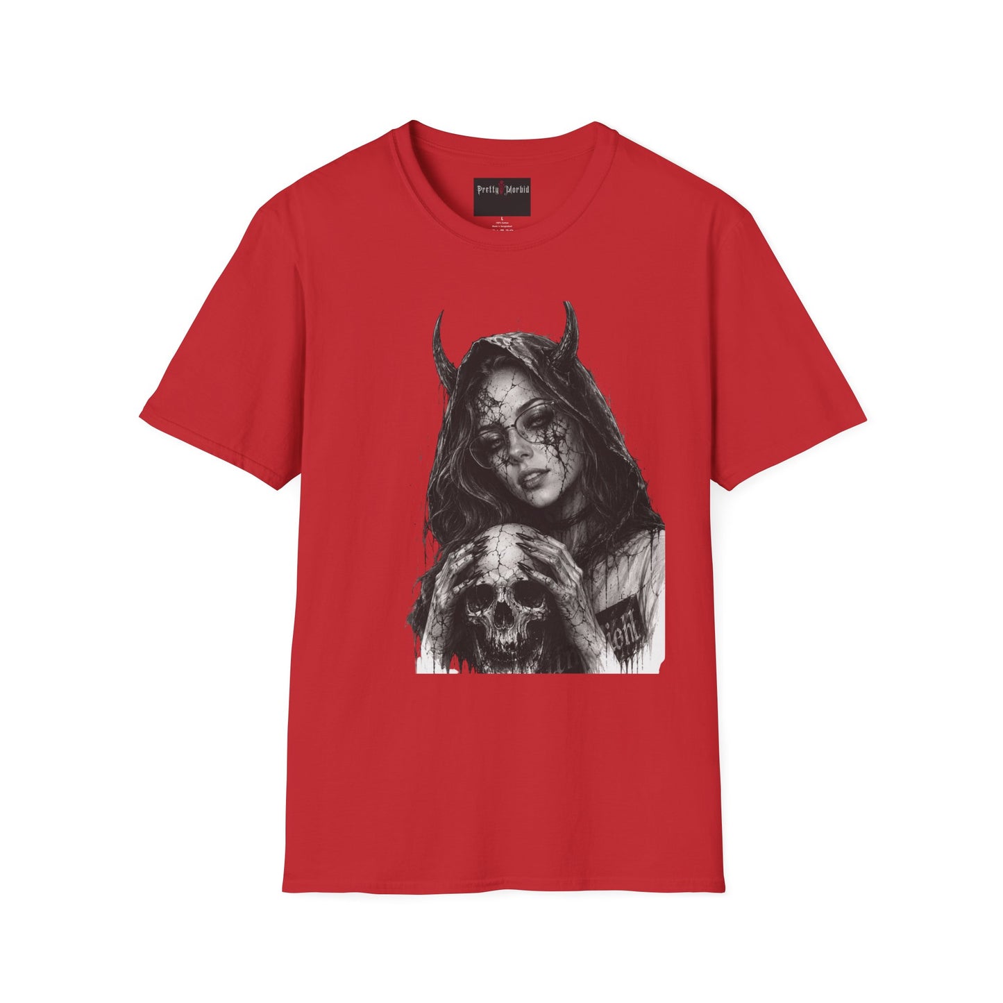 Red t-shirt with a graphic design of a woman with horns holding a skull on a white background