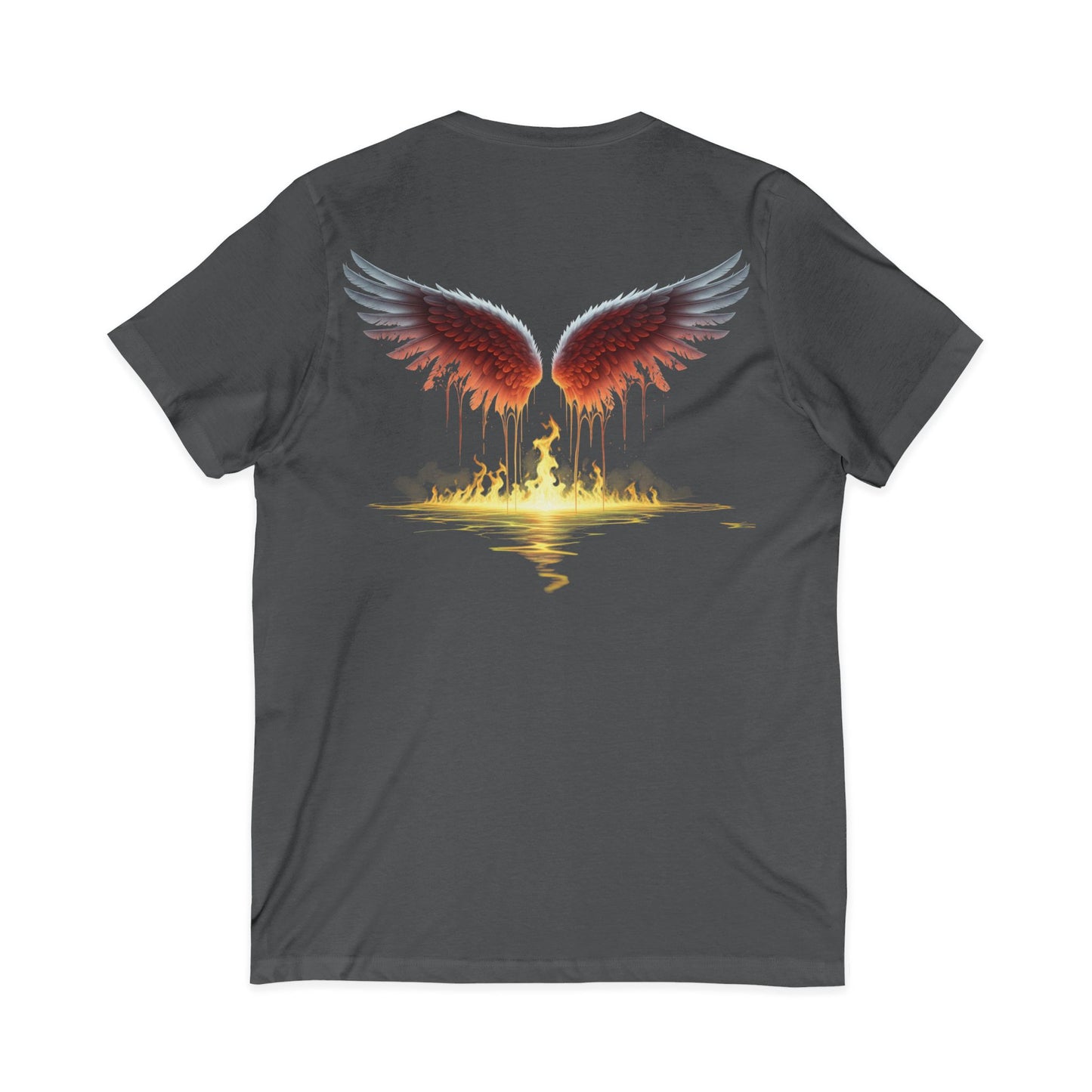 Gray t-shirt with red angel wings design on a white background