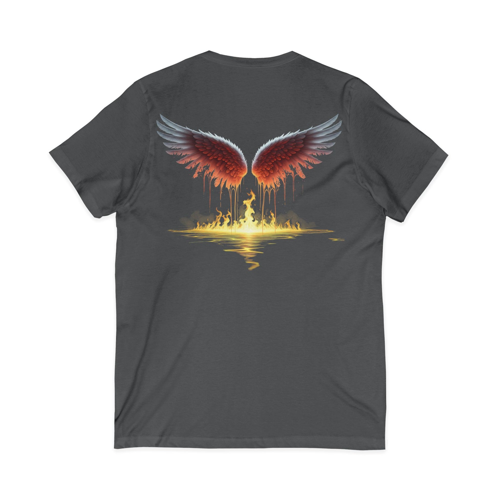 Gray t-shirt with red angel wings design on a white background