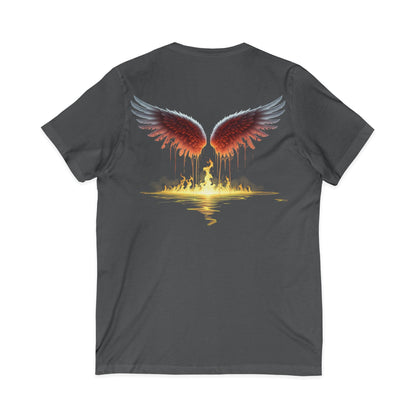 Gray t-shirt with red angel wings design on a white background