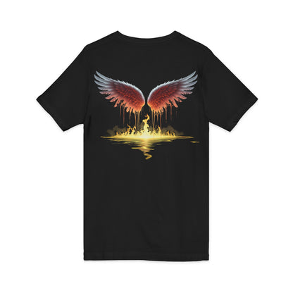 Black t-shirt with red wings graphic on a white background