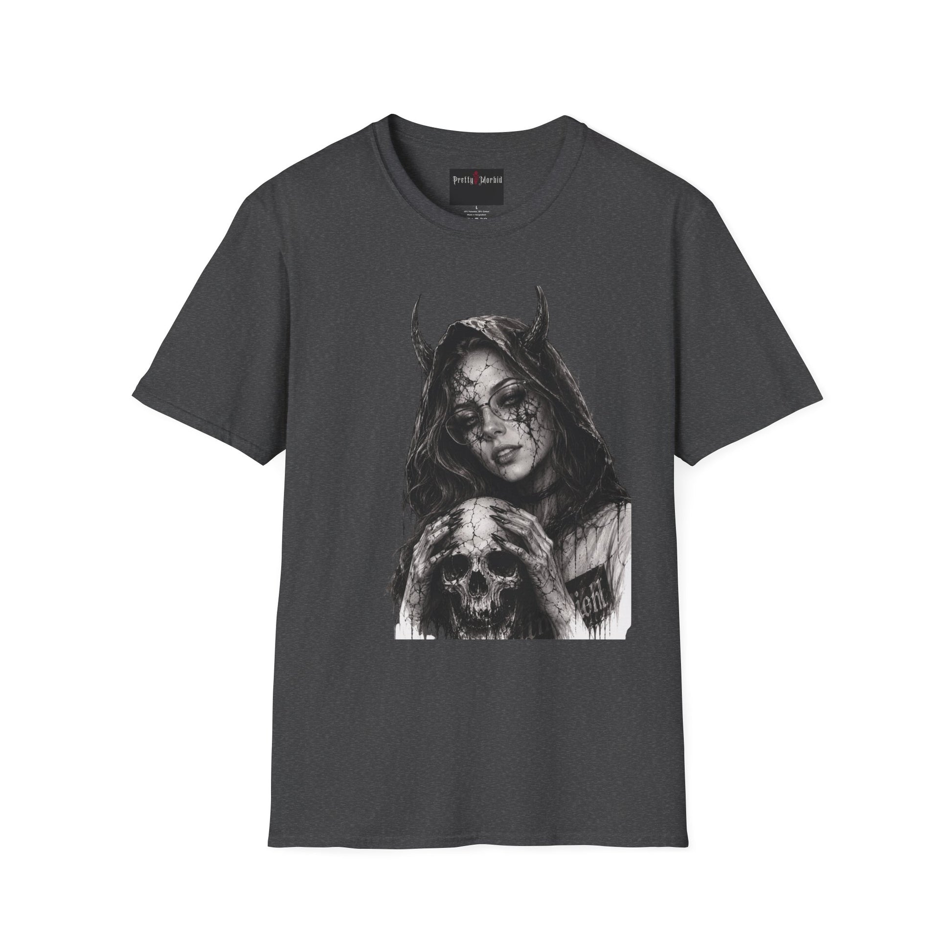 Black t-shirt with a graphic design of a hooded figure holding a skull on a white background