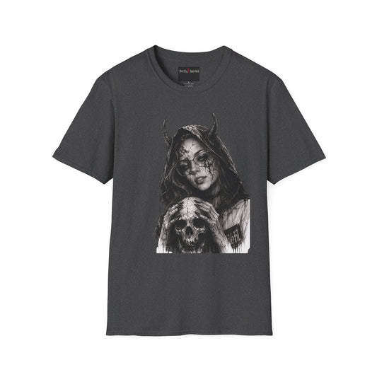 Black t-shirt with a graphic design of a hooded figure holding a skull on a white background