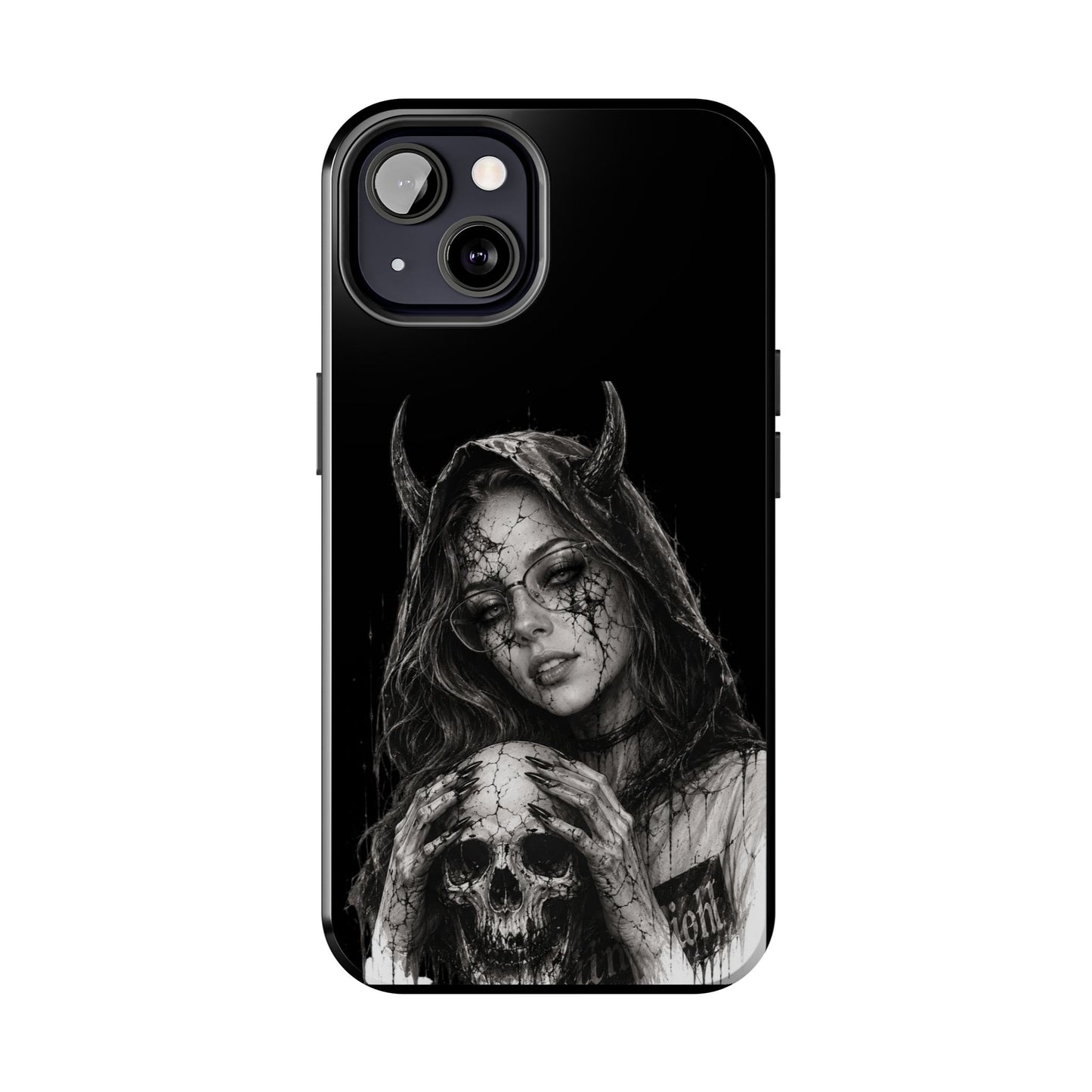 Phone case with a black and white design of a woman with horns and a skull on a black background