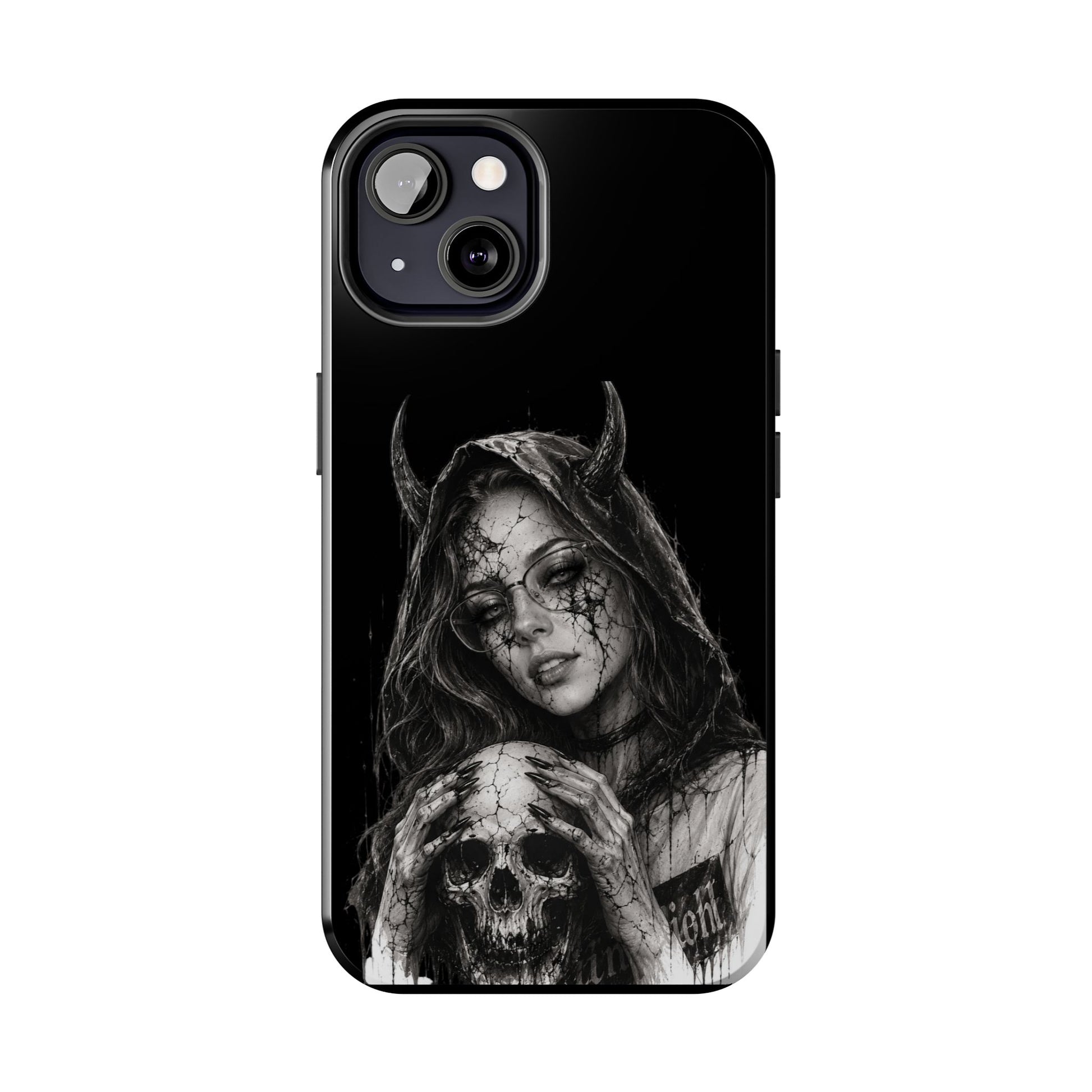 Phone case with a black and white design of a woman with horns and a skull on a black background