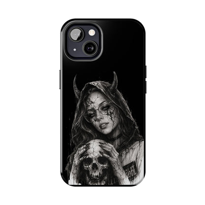 Phone case with a black and white design of a woman with horns and a skull on a black background