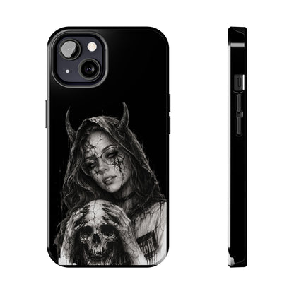Phone case with a black and white design of a woman with horns and a skull on a black background