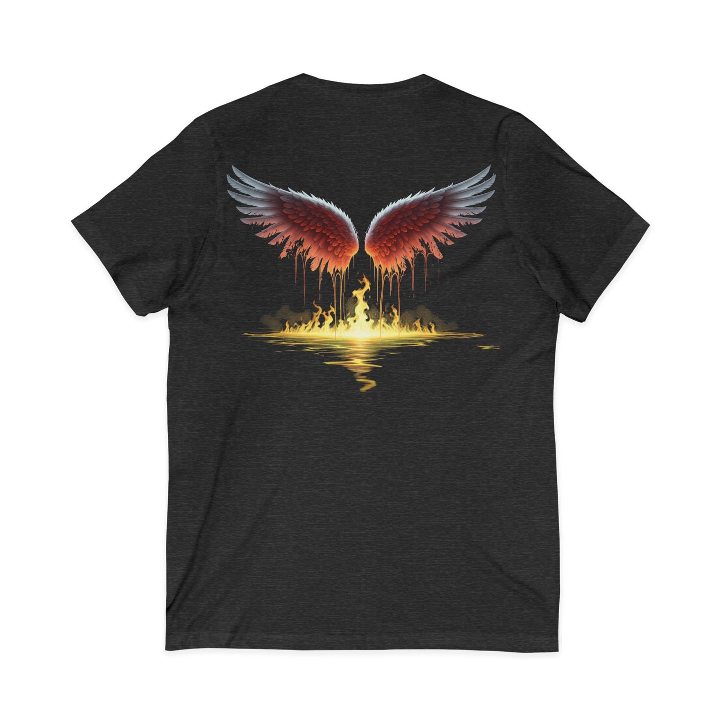 Black t-shirt with red wings graphic on a white background