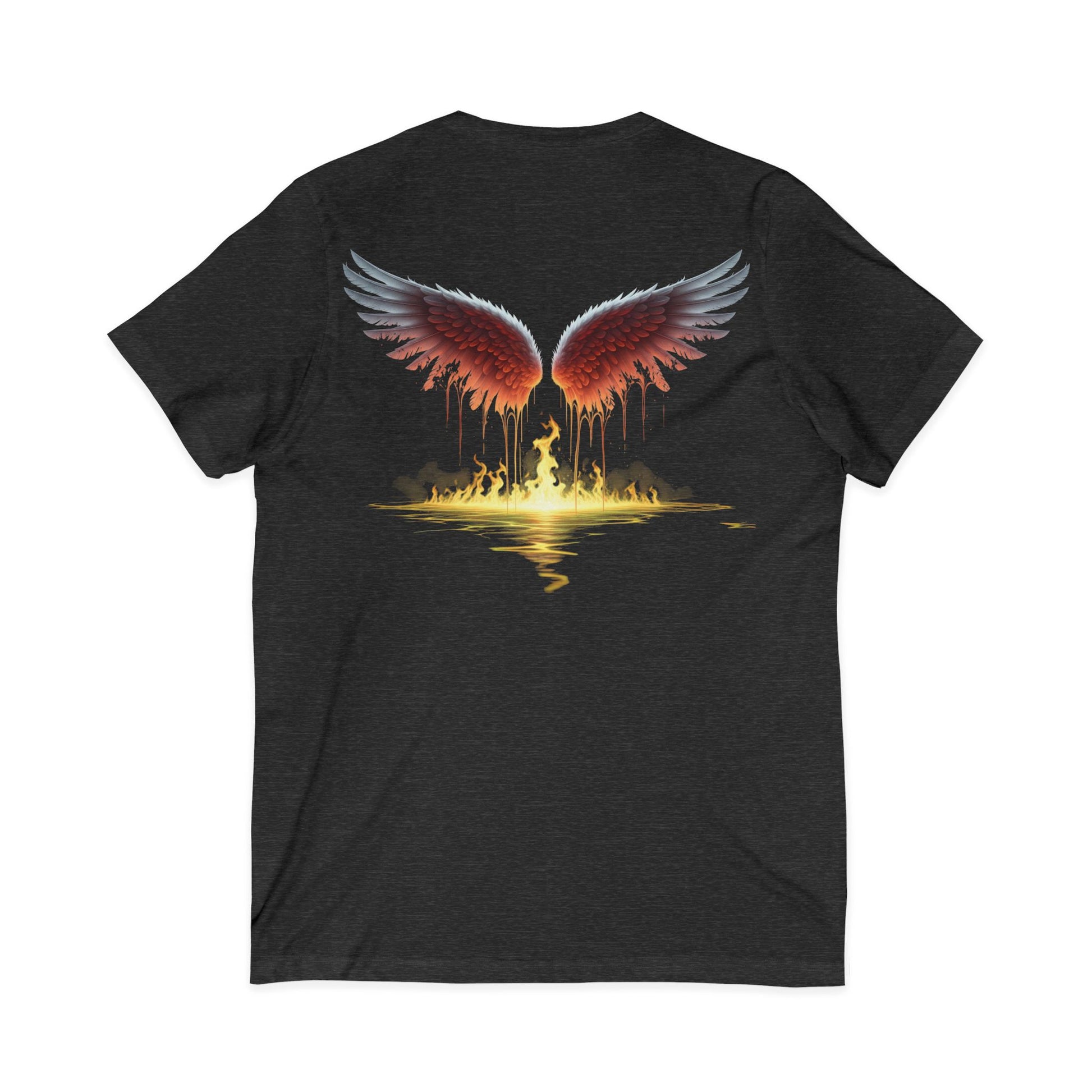 Black t-shirt with red wings graphic on a white background