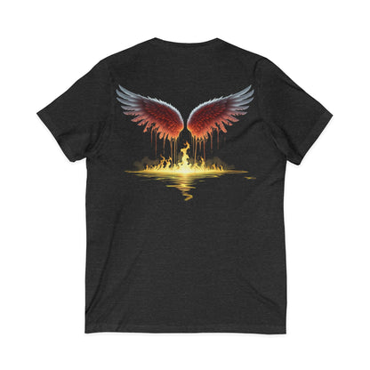 Black t-shirt with red wings graphic on a white background