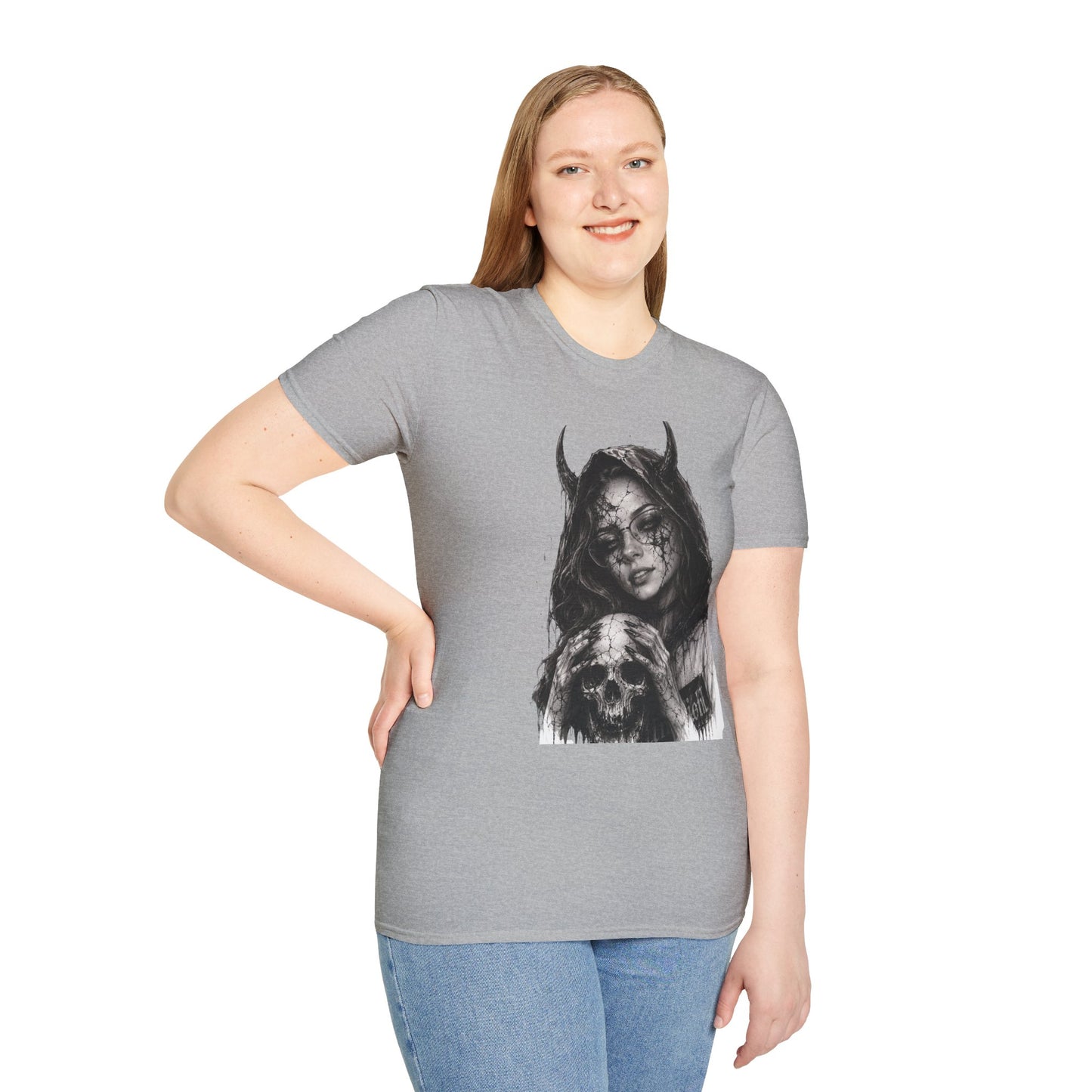 Person wearing a gray t-shirt with a graphic design on a white background