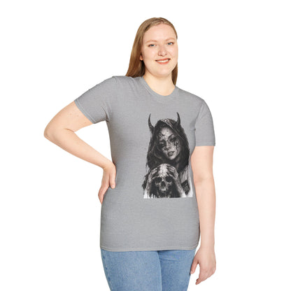 Person wearing a gray t-shirt with a graphic design on a white background