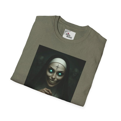 Folded gothic t-shirt with eerie glowing-eyed nun and cross on forehead, dark art style
