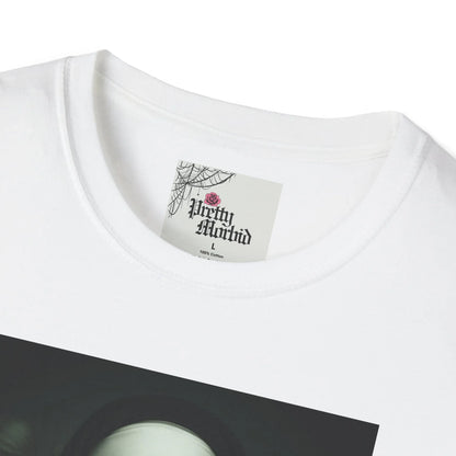 White gothic graphic t-shirt with Pretty Morbid label, spiderweb and rose design