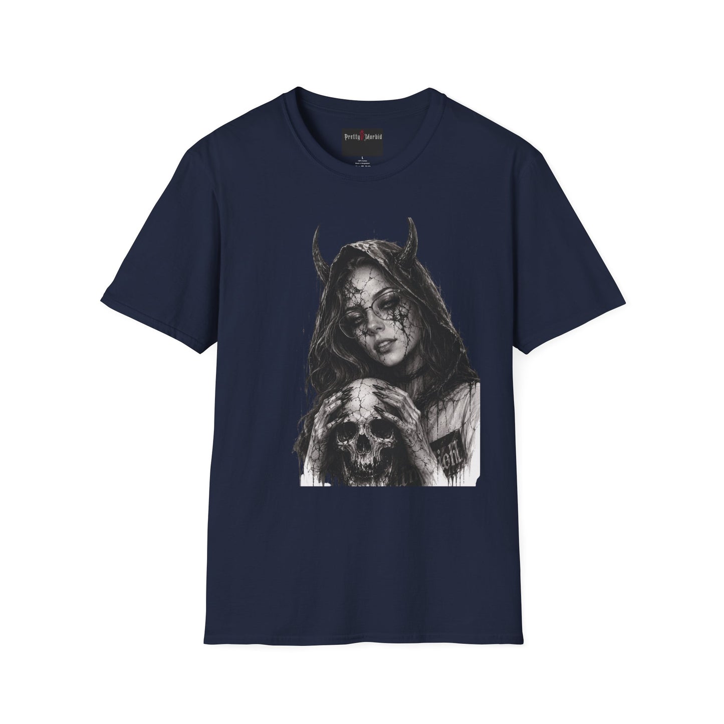 Navy blue t-shirt with a graphic design of a hooded figure holding a skull on a white background