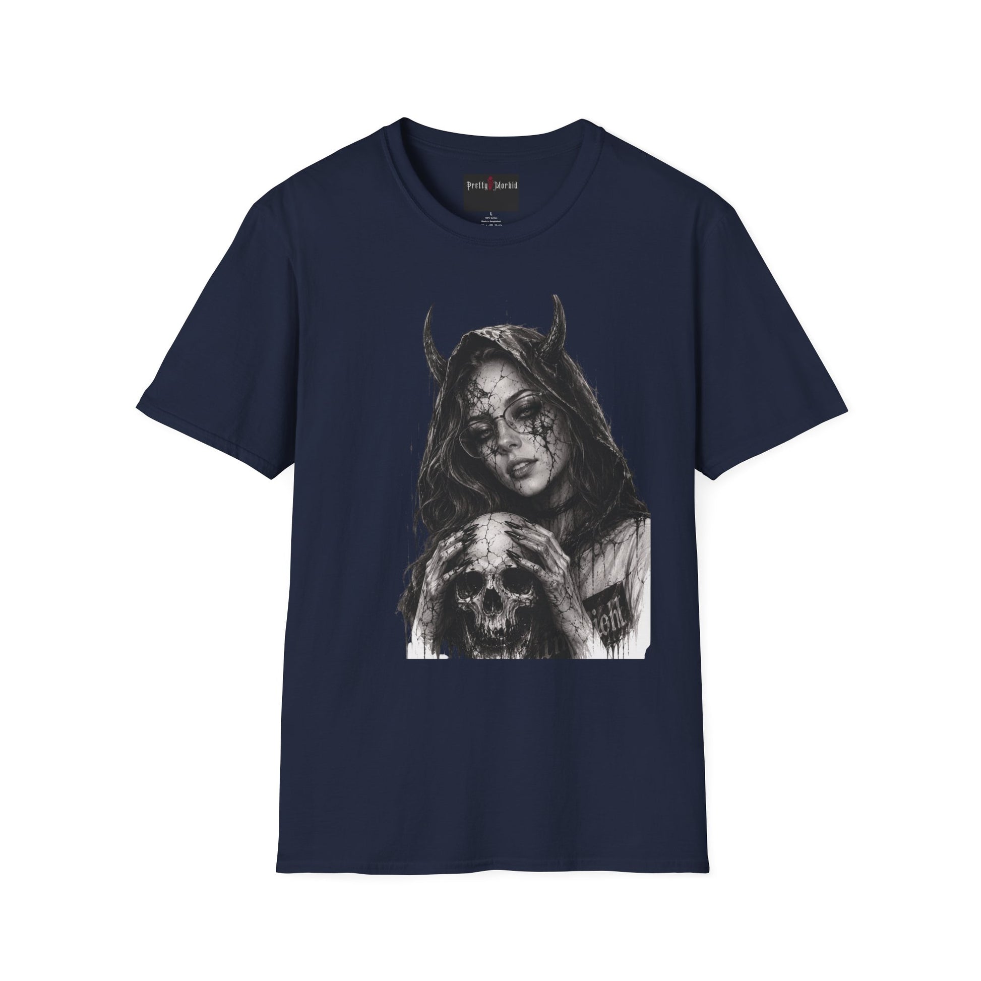 Navy blue t-shirt with a graphic design of a hooded figure holding a skull on a white background