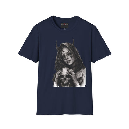 Navy blue t-shirt with a graphic design of a hooded figure holding a skull on a white background