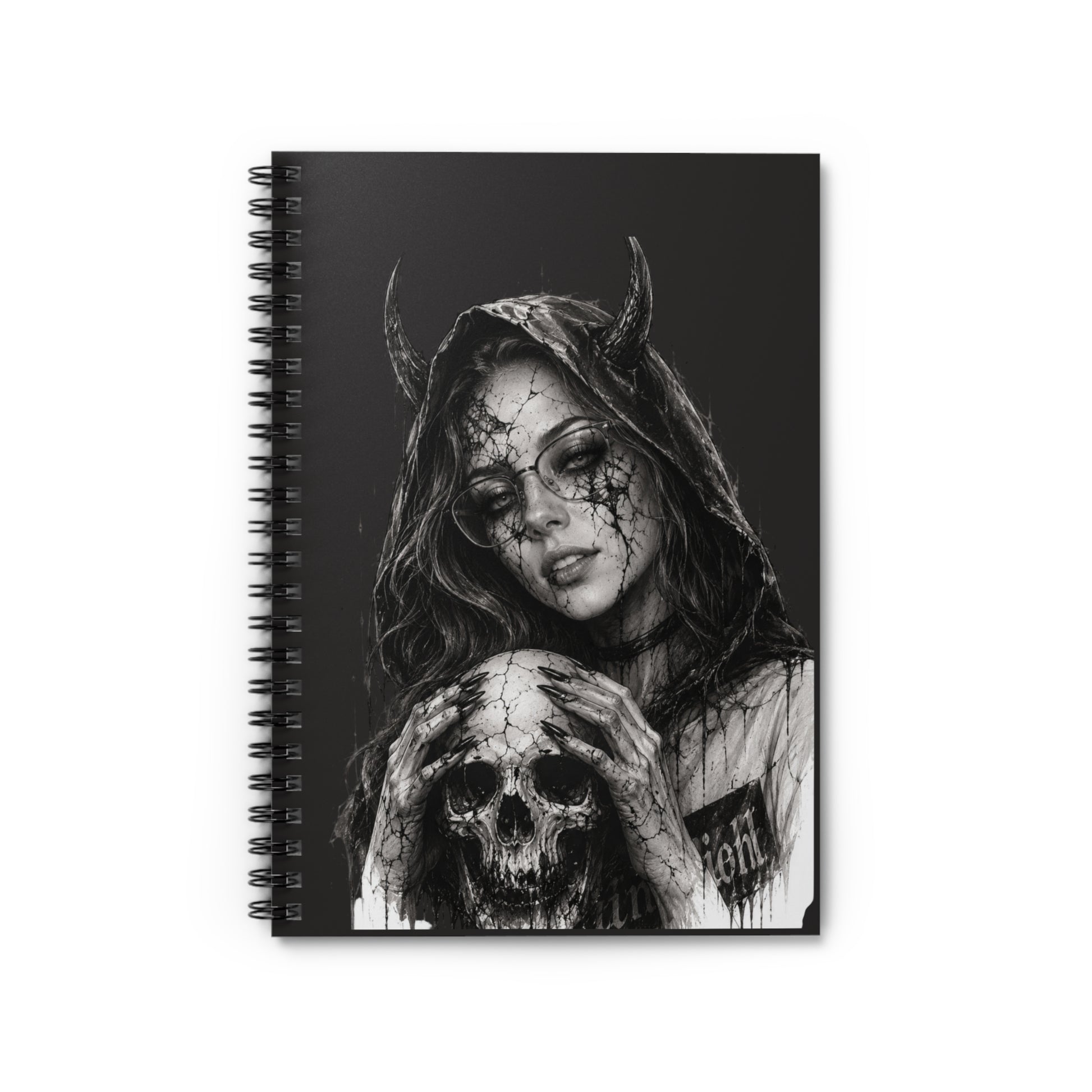 Notebook with a black and white illustration of a hooded figure holding a skull on a black background