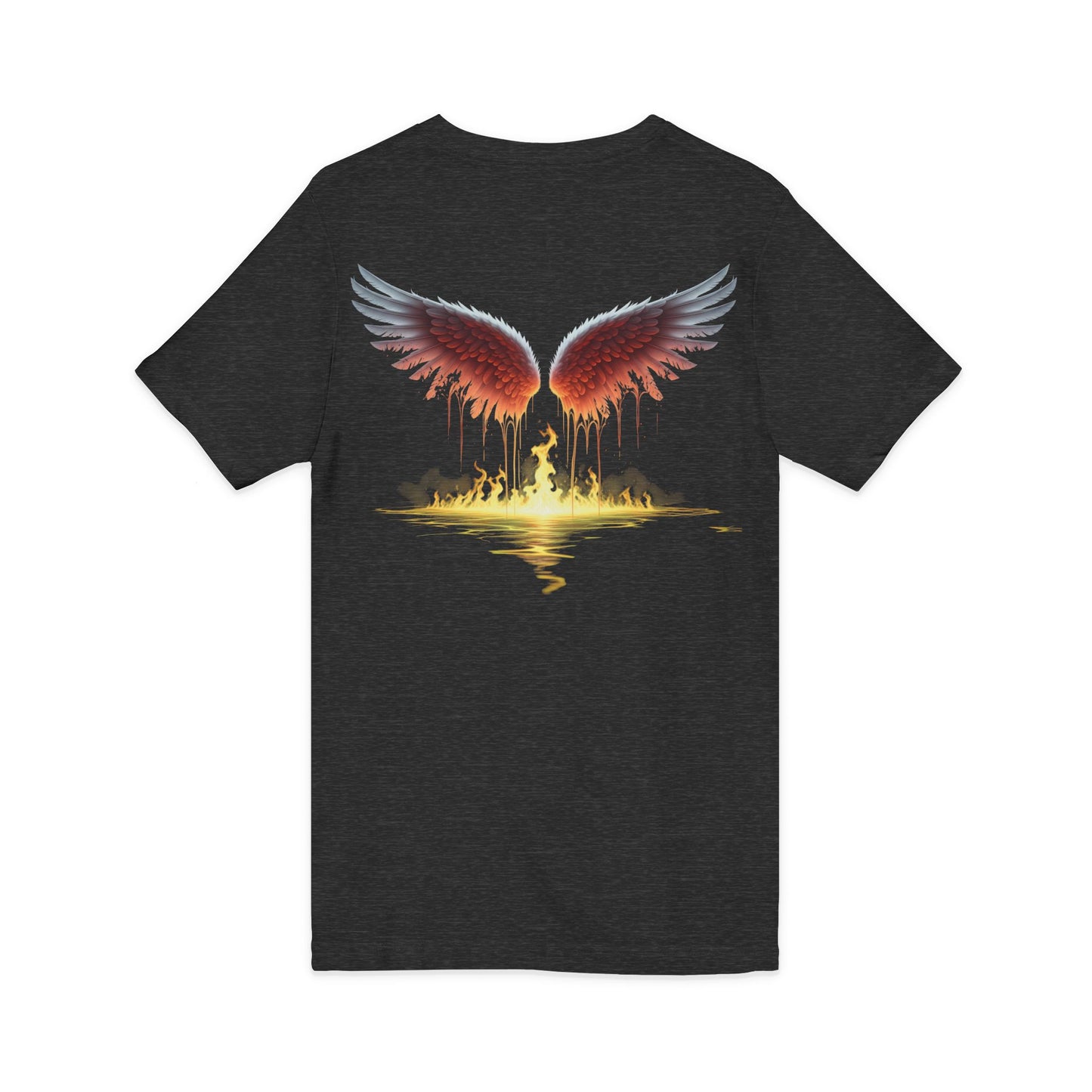 Black t-shirt with red wings graphic on a white background