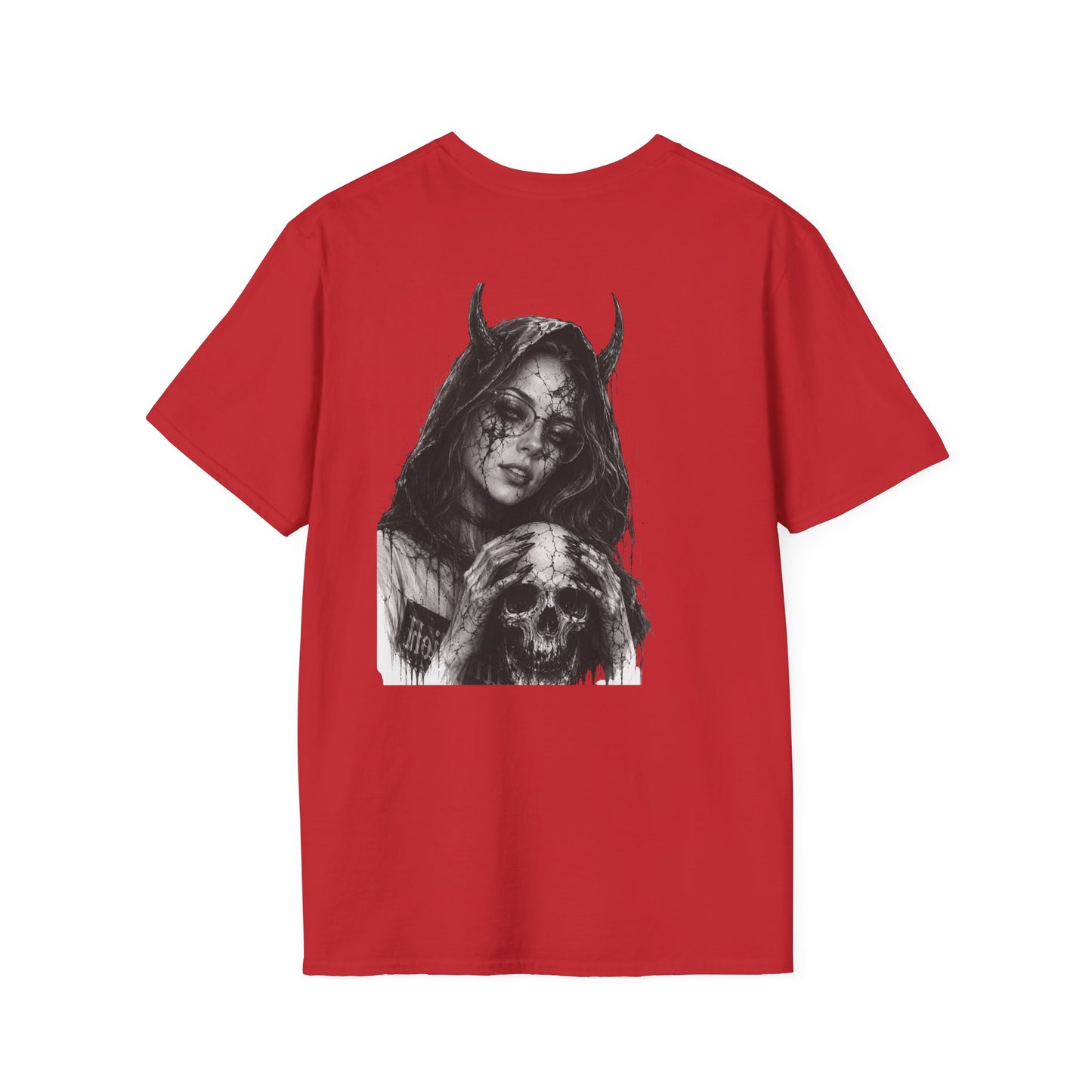 Red t-shirt with a graphic design of a face with horns and a skull on a white background