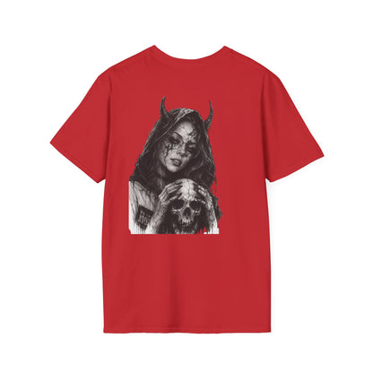 Red t-shirt with a graphic design of a face with horns and a skull on a white background