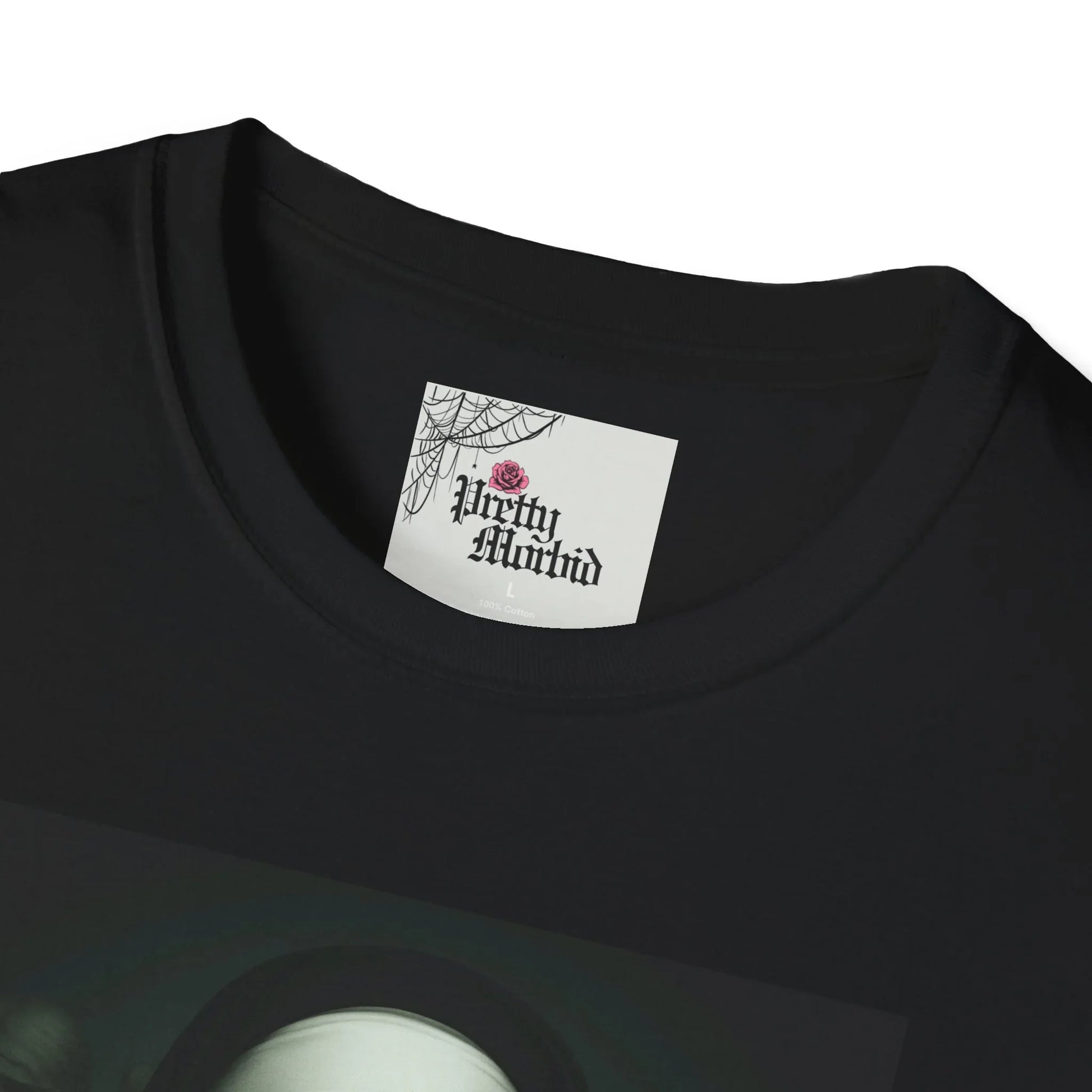 Black gothic t-shirt neckline with spider web and rose label, alternative fashion style