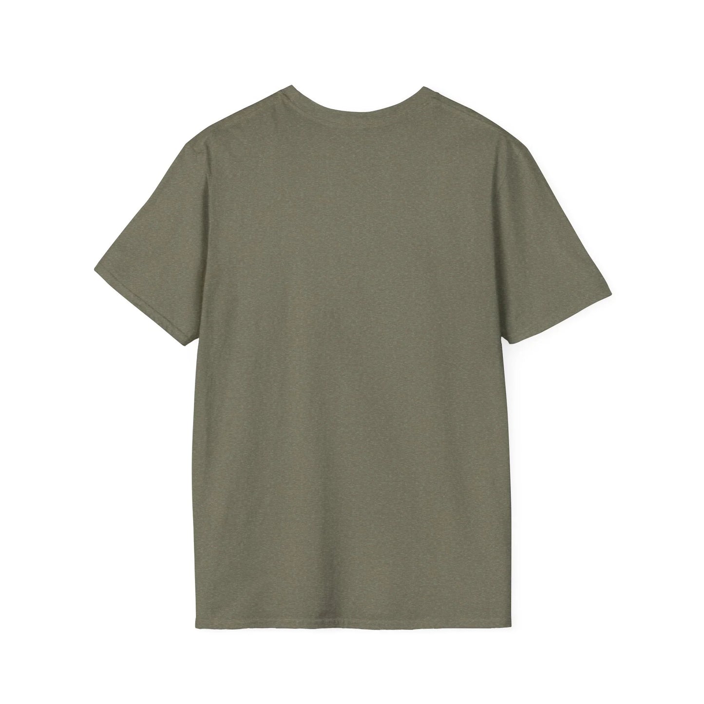 Back view of plain olive green unisex short sleeve t-shirt on white background