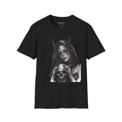 Black t-shirt with a graphic design of a hooded figure holding a skull on a white background