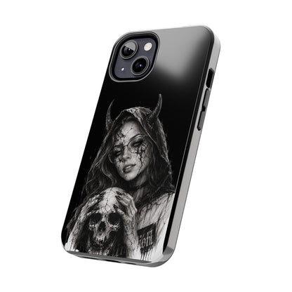 Phone case with black and white illustration of a hooded figure and skull on a white background