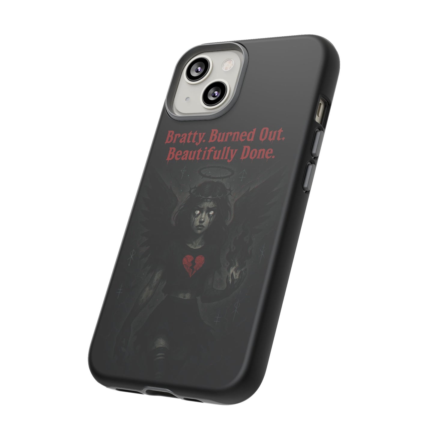 Phone case with artistic design and text on a white background