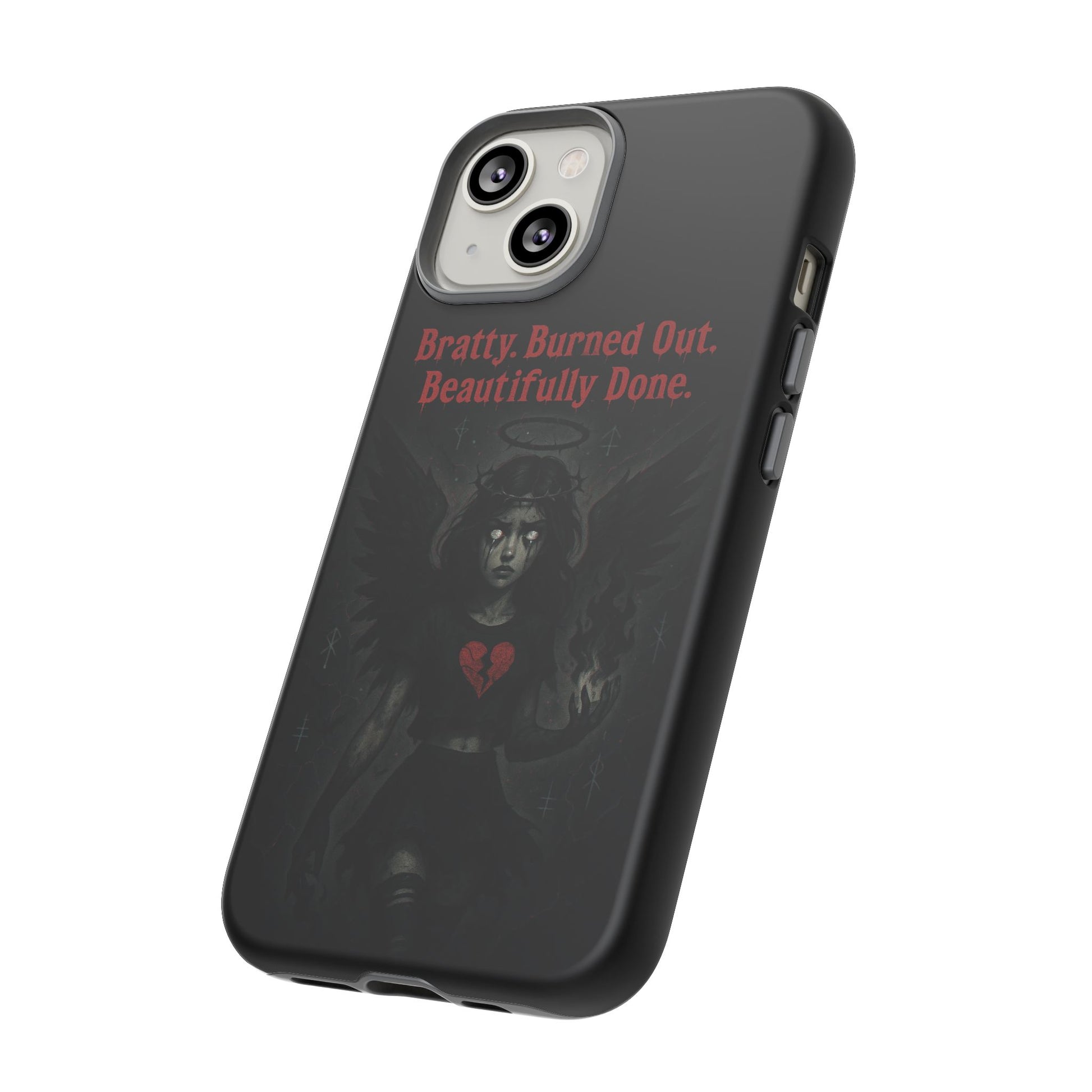 Phone case with artistic design and text on a white background