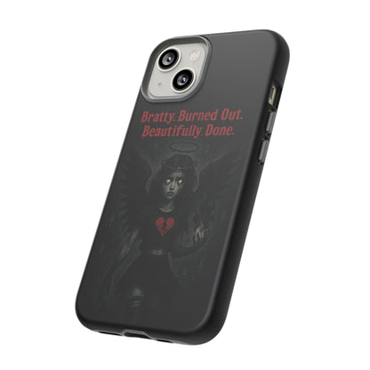 Phone case with artistic design and text on a white background