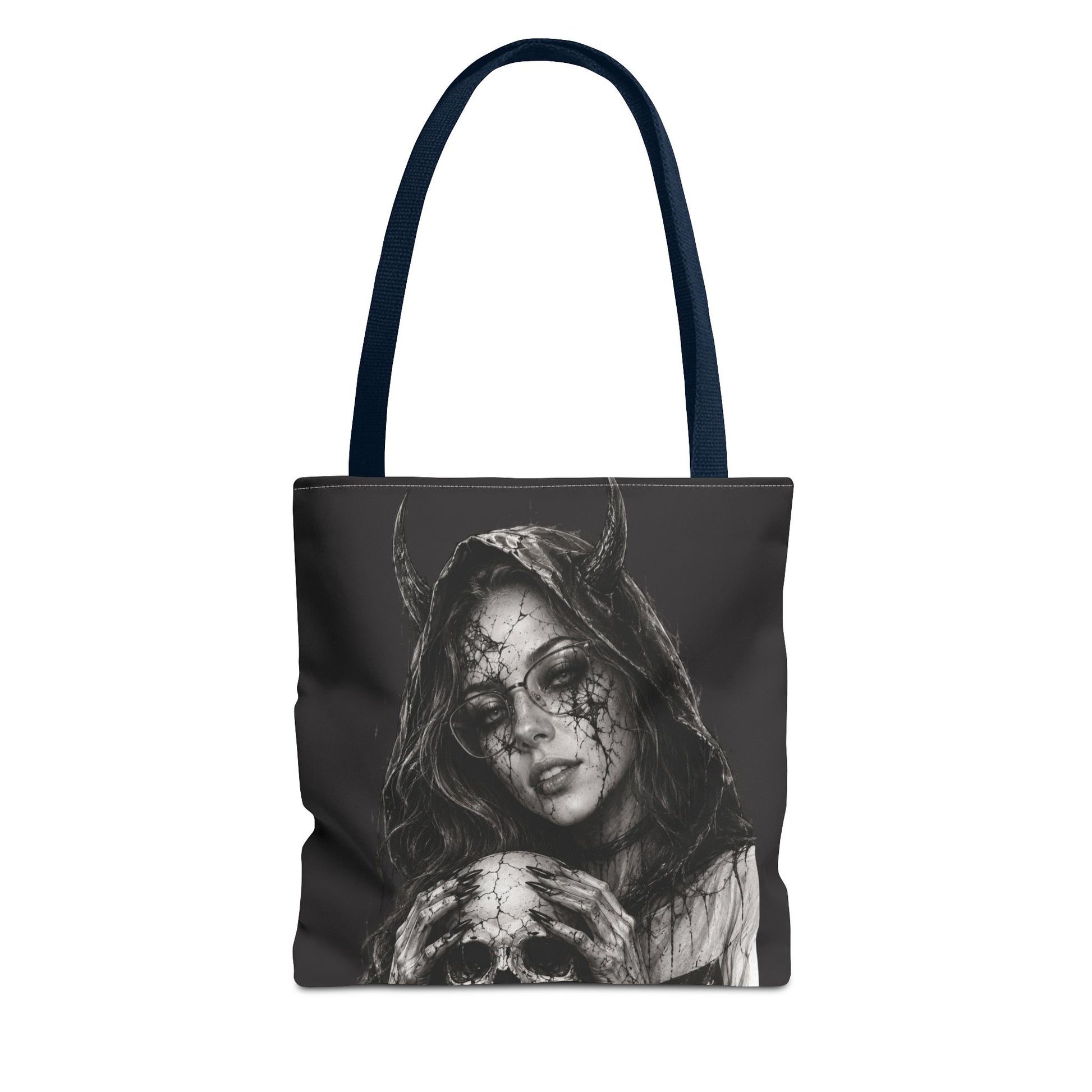 Tote bag with a black and white design of a hooded figure with horns on a white background