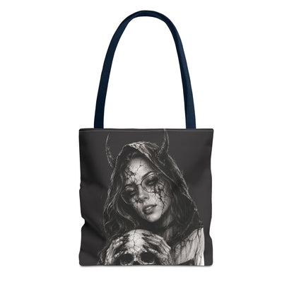 Tote bag with a black and white design of a hooded figure with horns on a white background