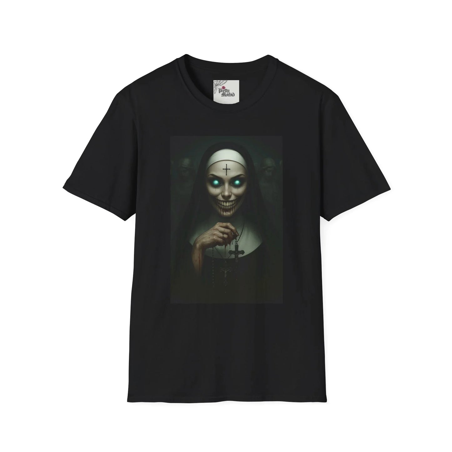 Black t-shirt featuring gothic art of a skeletal nun with glowing eyes and a cross
