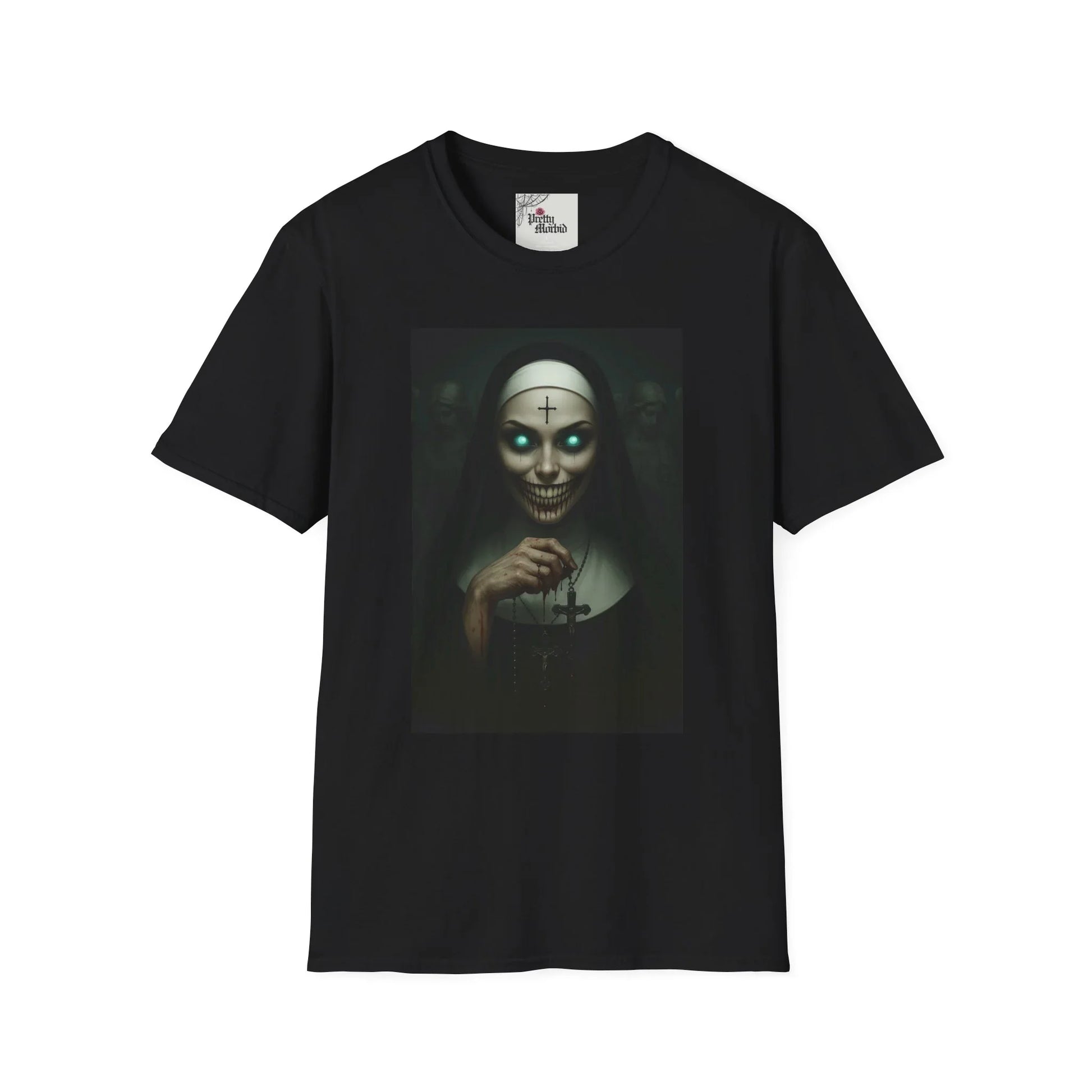 Black t-shirt featuring gothic art of a skeletal nun with glowing eyes and a cross