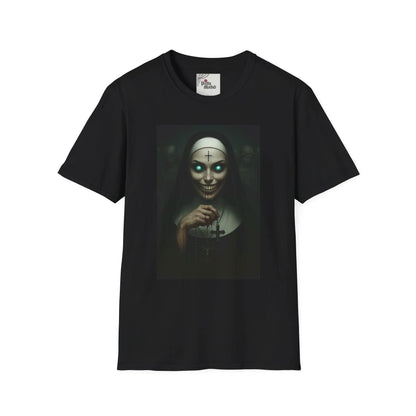 Black t-shirt featuring gothic art of a skeletal nun with glowing eyes and a cross