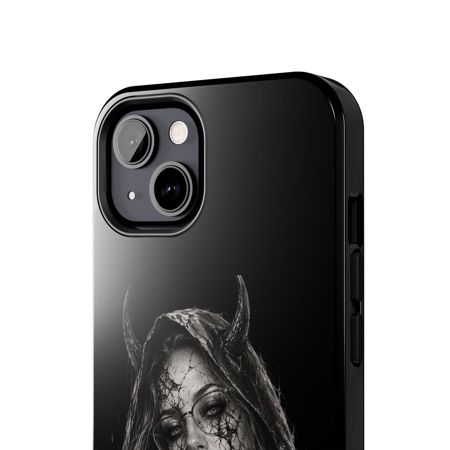 Phone case with a black and white illustration of a woman with horns on a black background