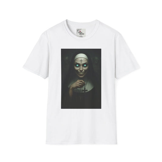 White t-shirt with gothic nun skull art and glowing eyes, dark alternative fashion design
