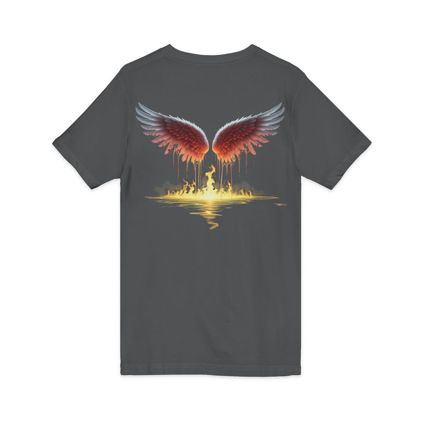 Gray t-shirt with red wings graphic on a white background
