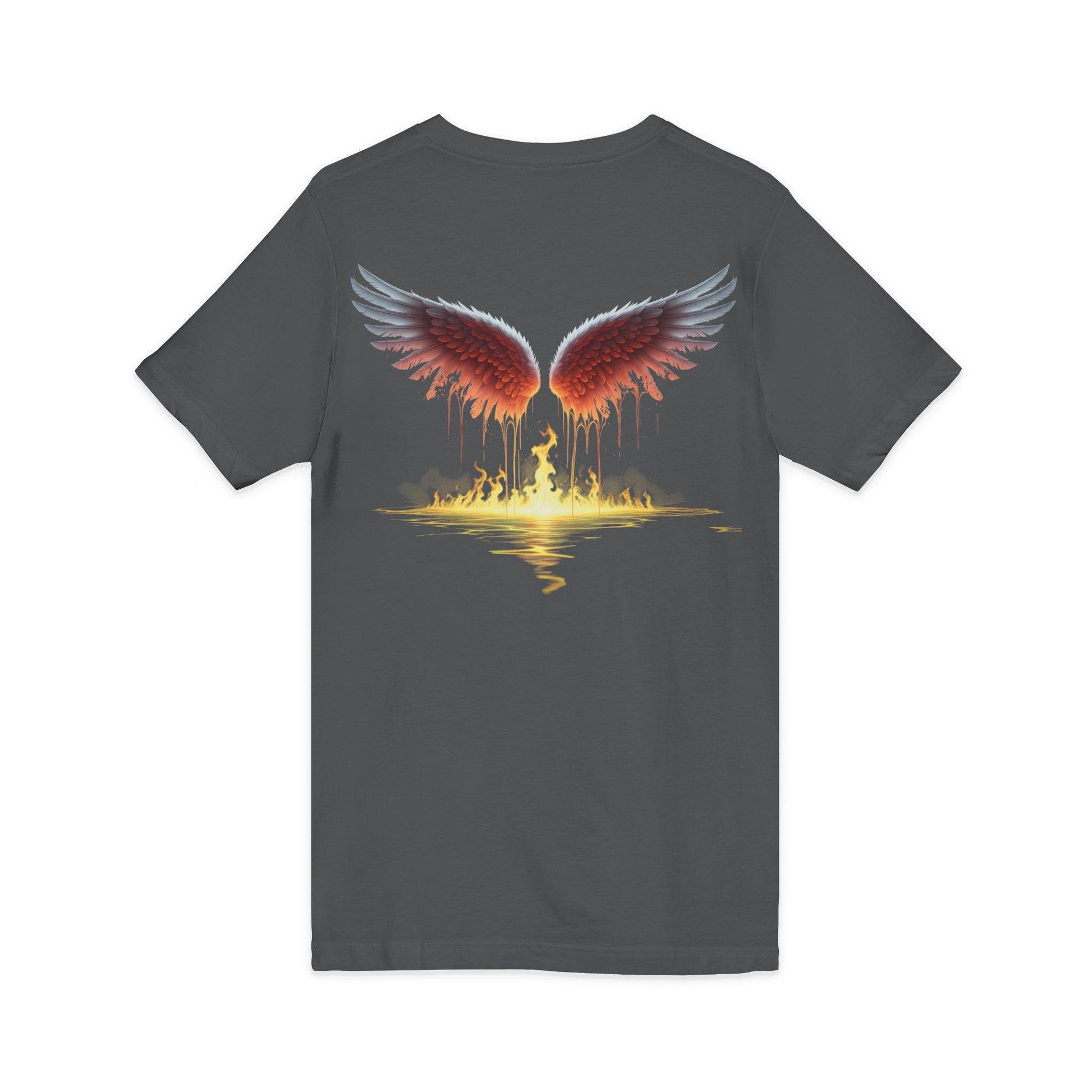 Gray t-shirt with red wings graphic on a white background