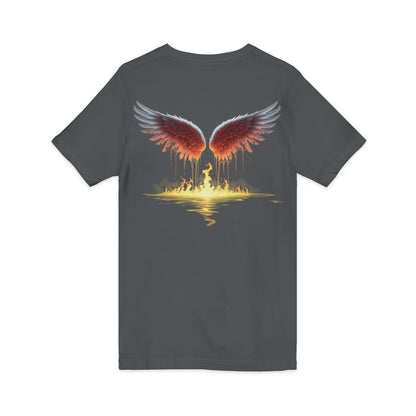 Gray t-shirt with red wings graphic on a white background