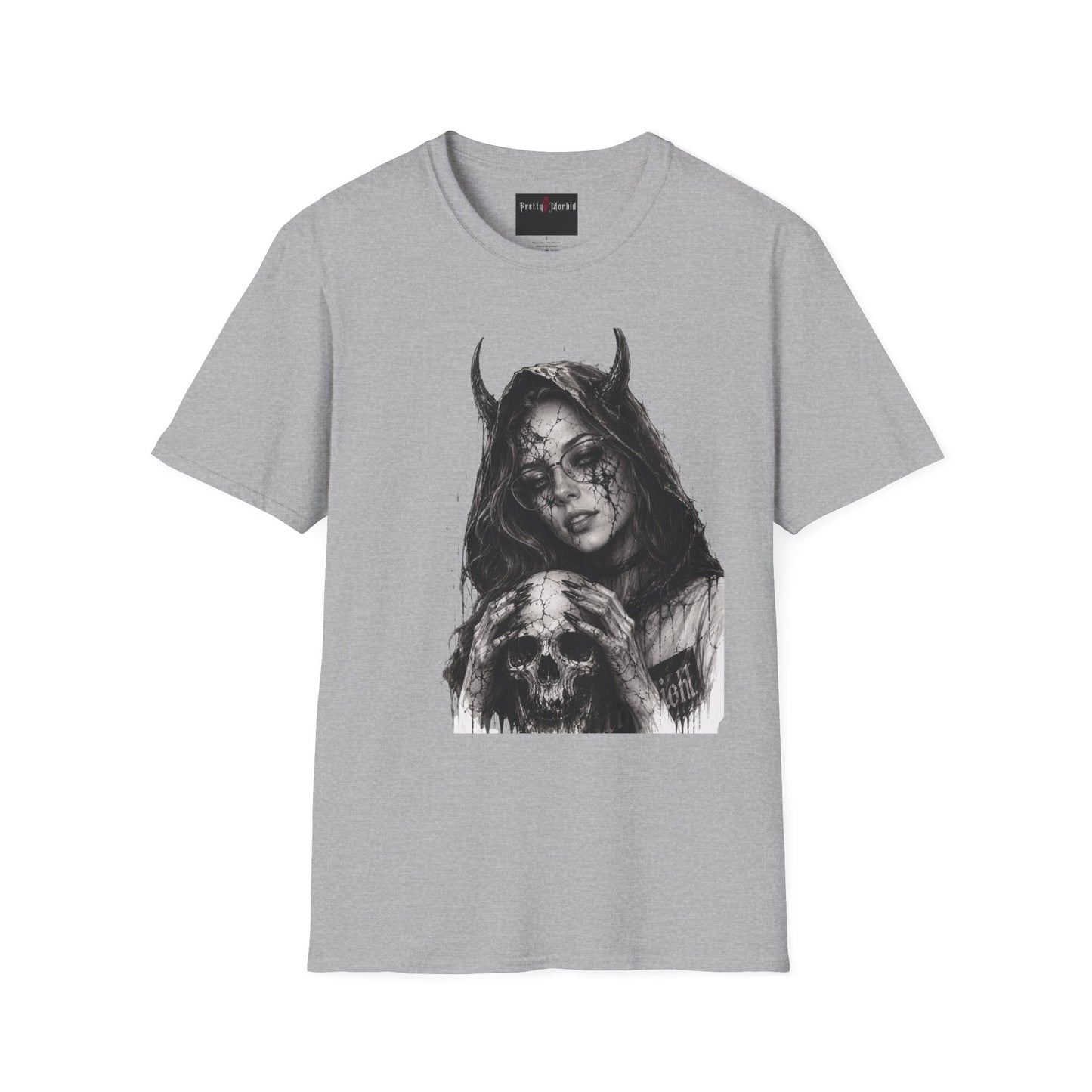Gray t-shirt with a graphic design of a hooded figure holding a skull on a white background