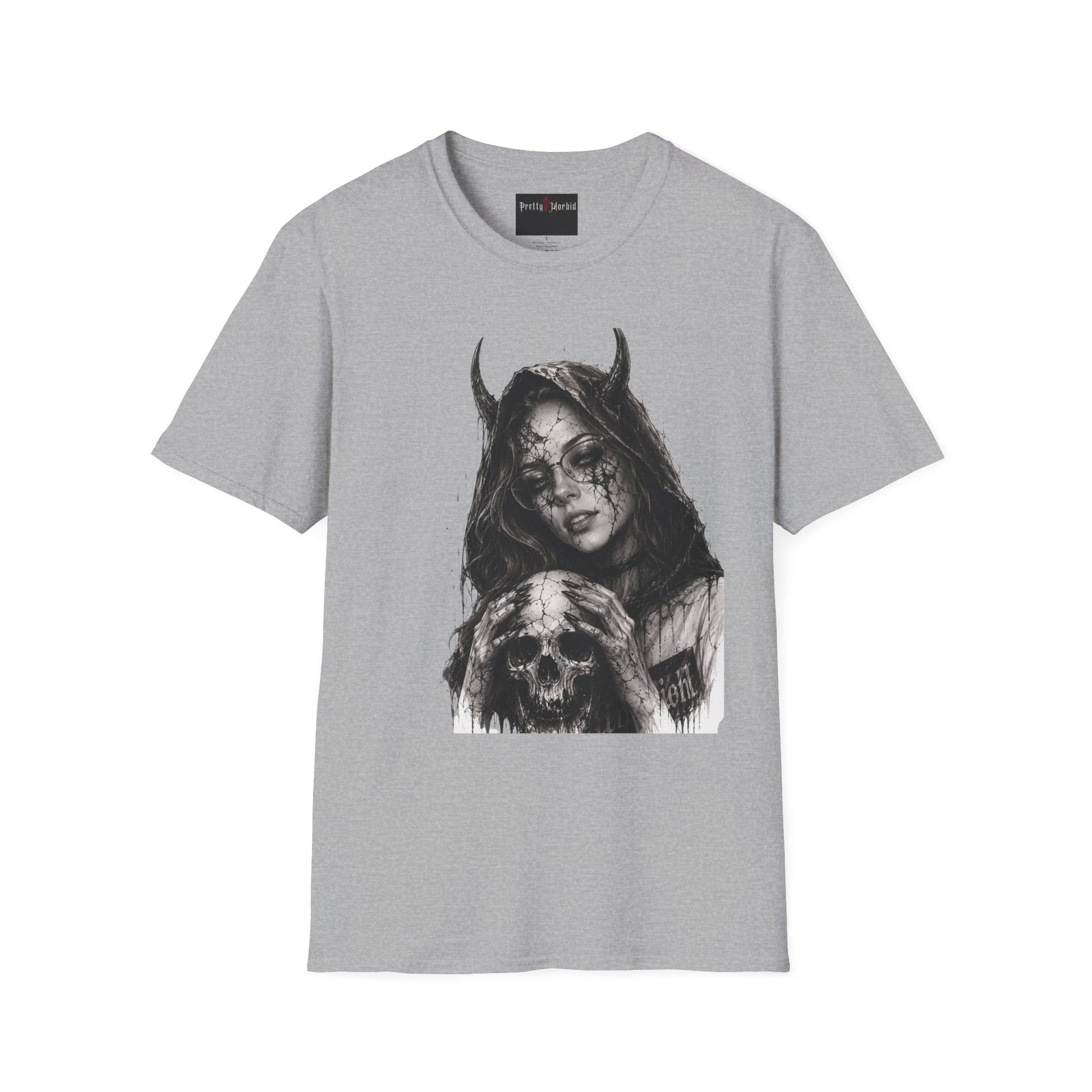 Gray t-shirt with a graphic design of a hooded figure holding a skull on a white background