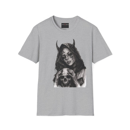 Gray t-shirt with a graphic design of a hooded figure holding a skull on a white background
