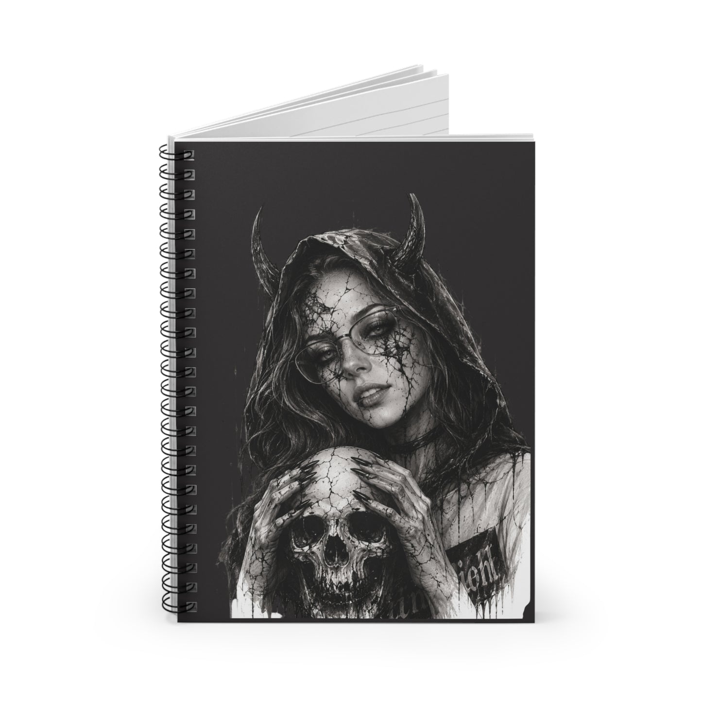 Notebook with a black and white illustration of a hooded figure holding a skull on the cover.