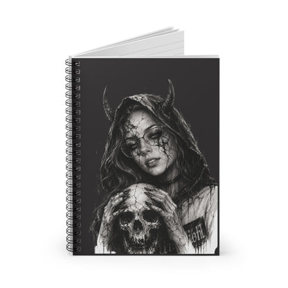 Notebook with a black and white illustration of a hooded figure holding a skull on the cover.